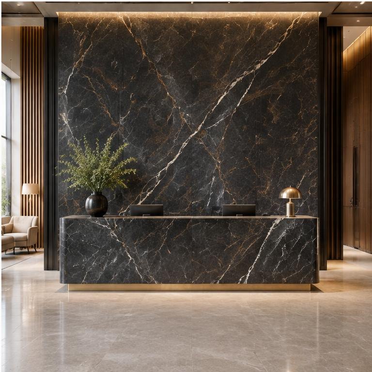 Hotel reception with Black Marquina