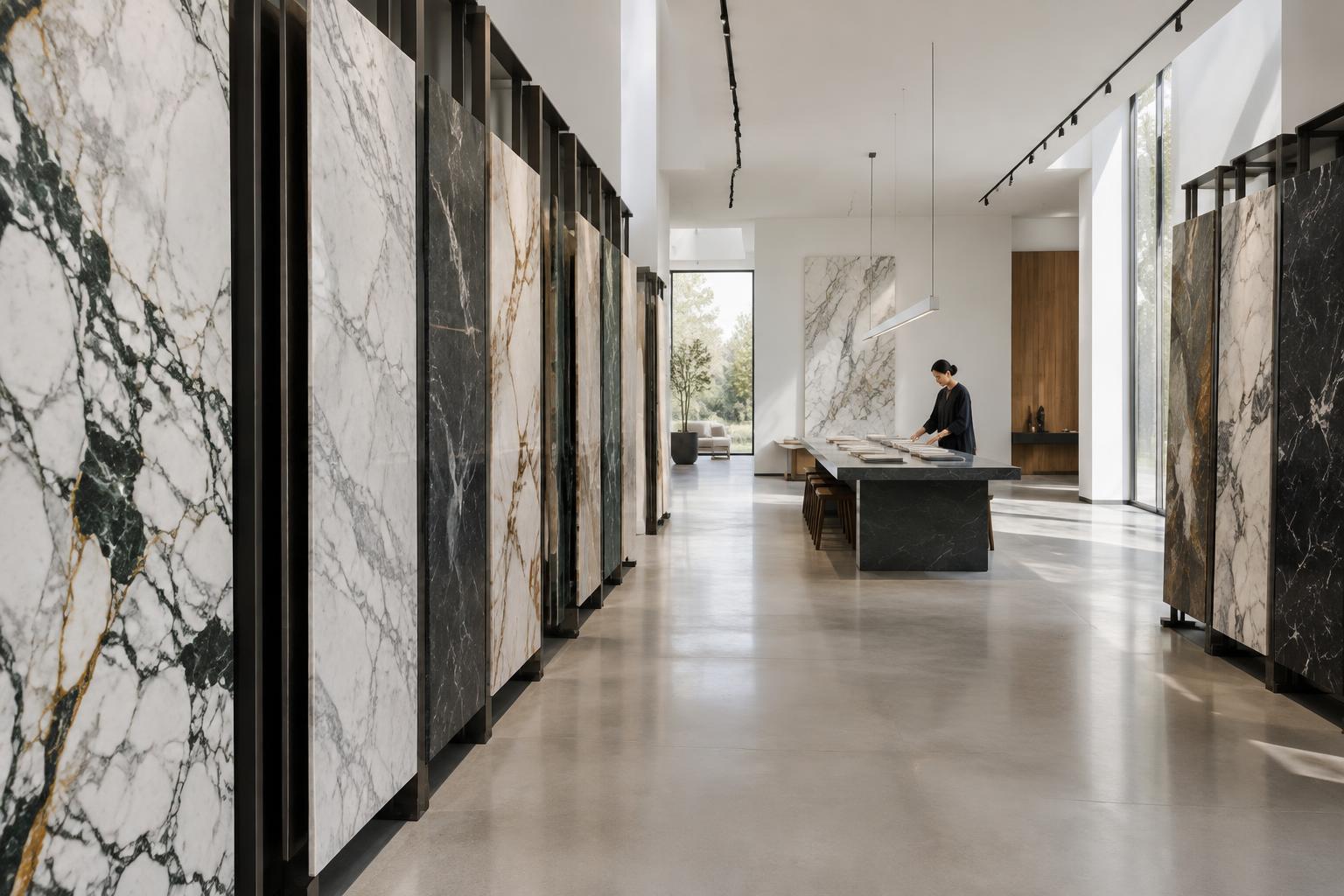 Natural stone slabs on display in a contemporary showroom